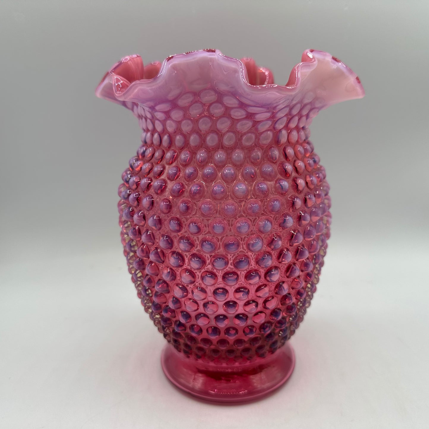 Fenton Cranberry Opalescent Hobnail Ruffled Vase, 8"