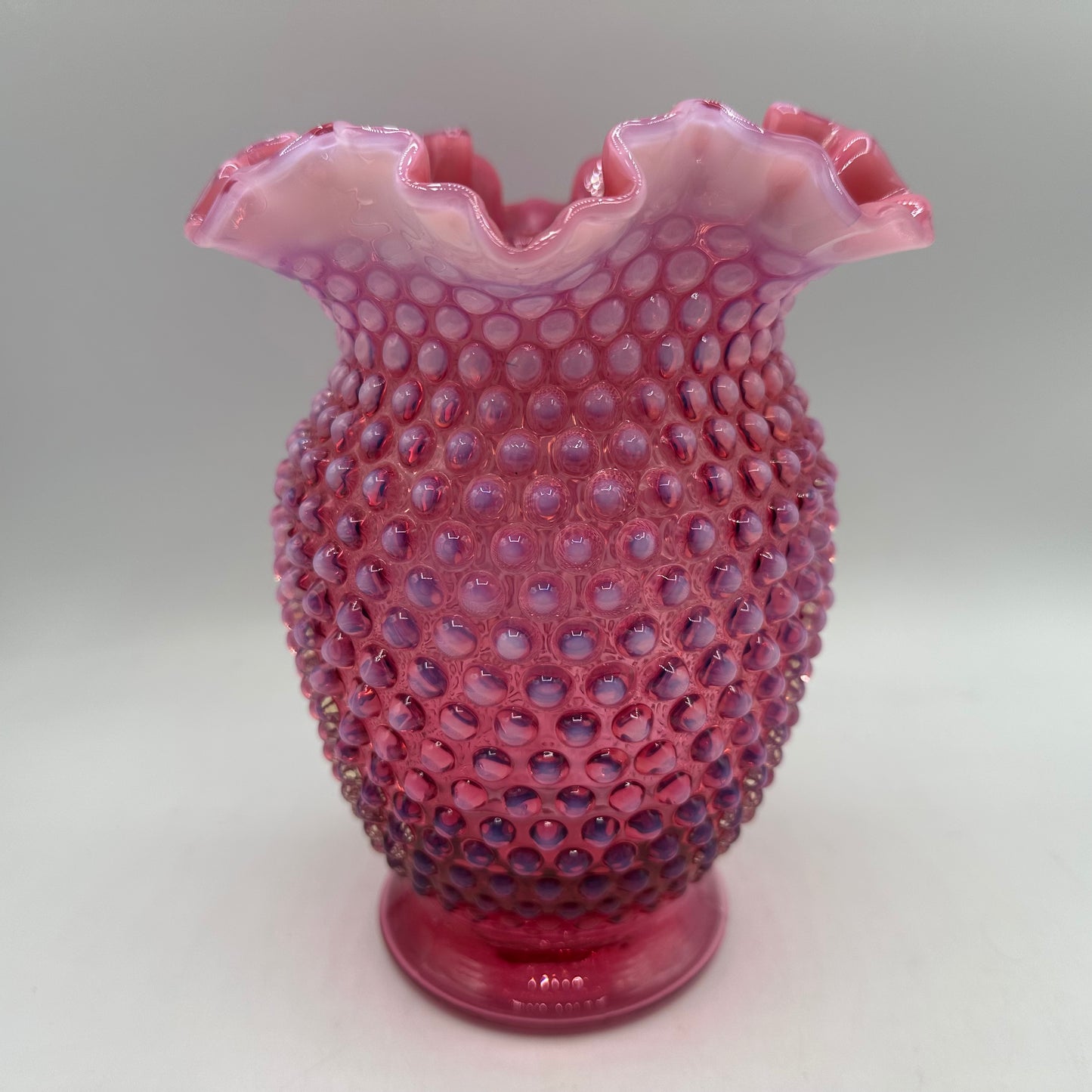 Fenton Cranberry Opalescent Hobnail Ruffled Vase, 8"