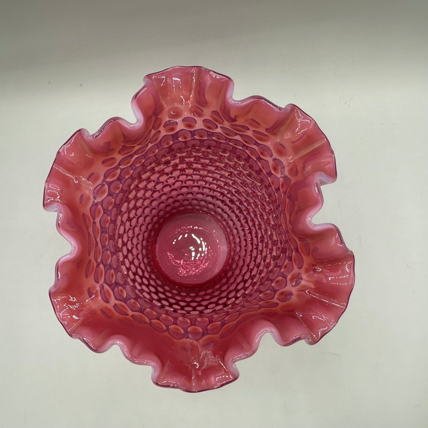 Fenton Cranberry Opalescent Hobnail Ruffled Vase, 8"