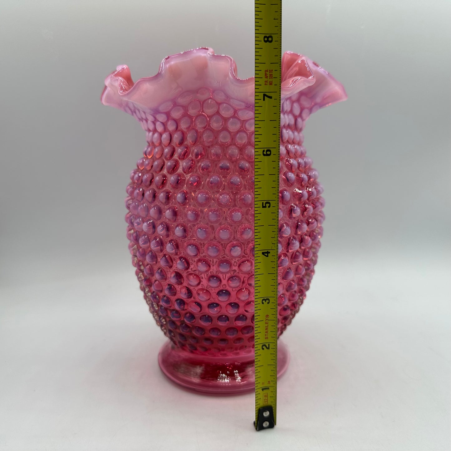 Fenton Cranberry Opalescent Hobnail Ruffled Vase, 8"