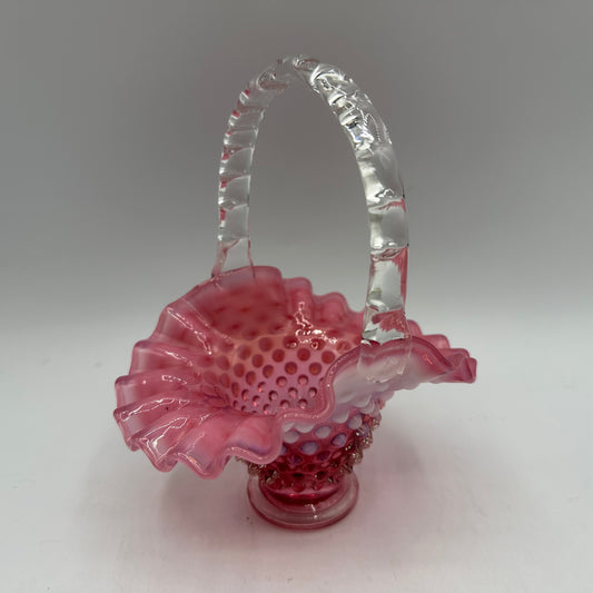 Fenton Cranberry Opalescent Hobnail Ruffled Basket 1940s, 5"