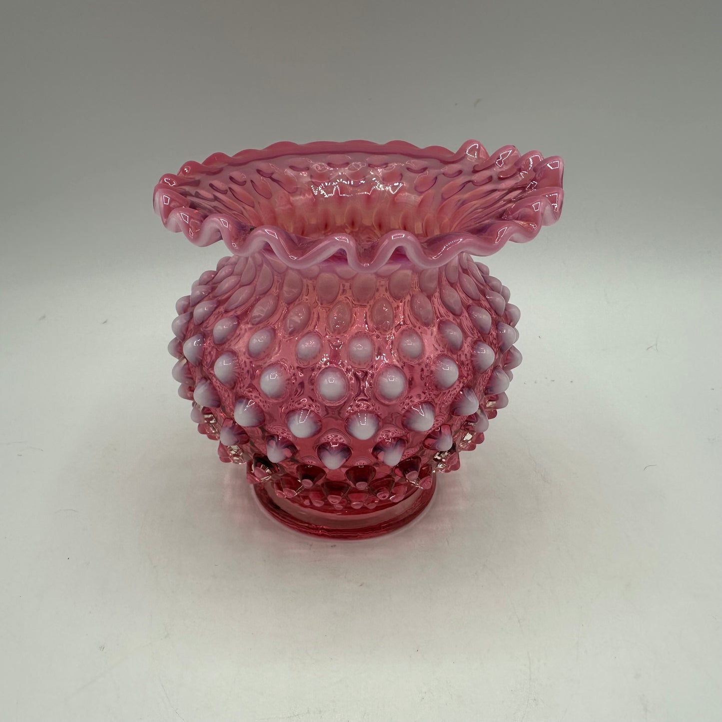 Fenton Cranberry Opalescent Hobnail Ruffled Vase, 4.25" Tall