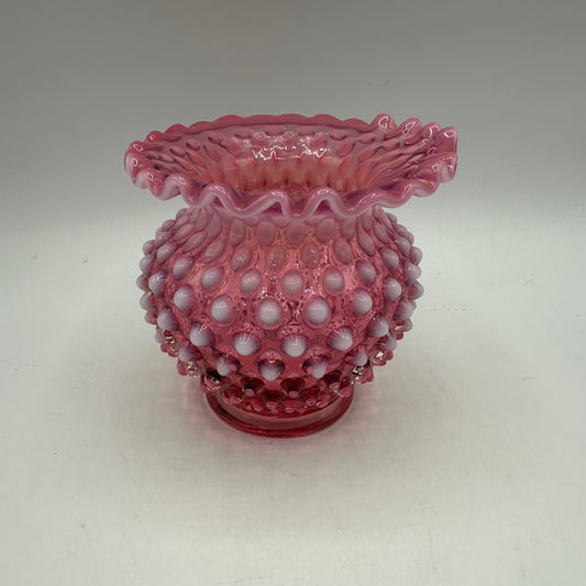 Fenton Cranberry Opalescent Hobnail Ruffled Vase, 4.25" Tall