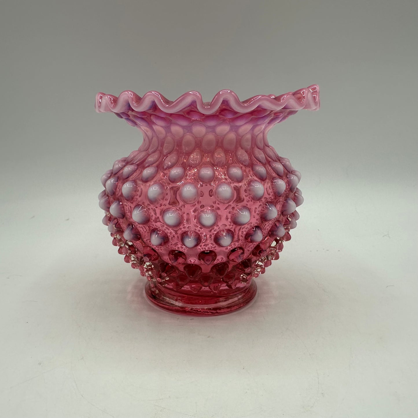 Fenton Cranberry Opalescent Hobnail Ruffled Vase, 4.25" Tall