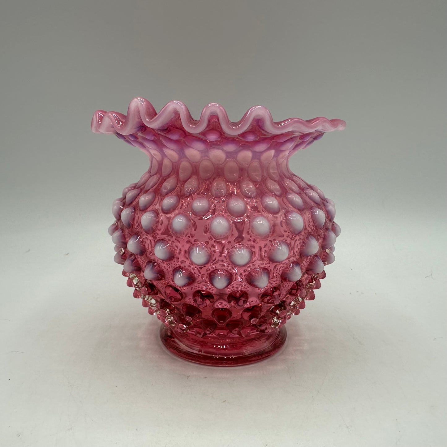Fenton Cranberry Opalescent Hobnail Ruffled Vase, 4.25" Tall