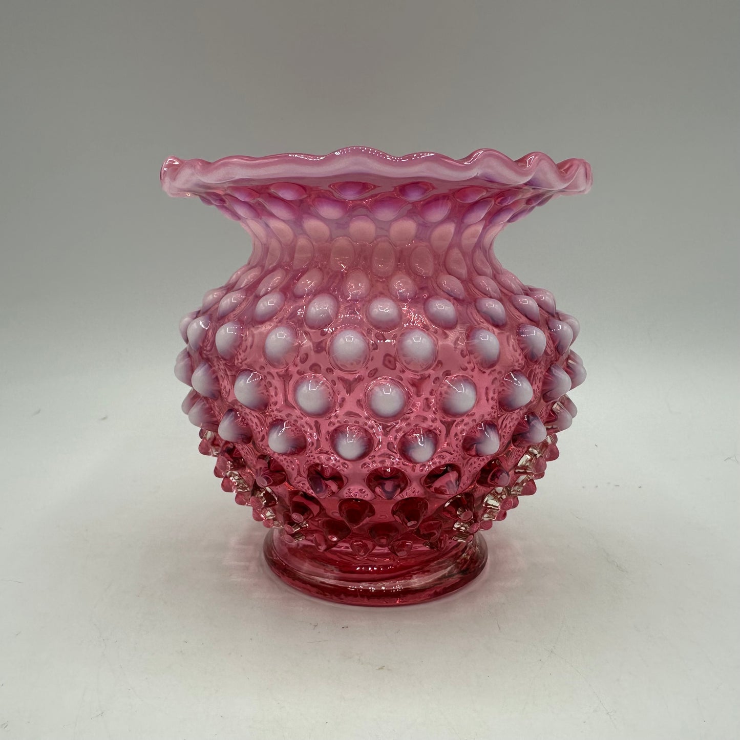Fenton Cranberry Opalescent Hobnail Ruffled Vase, 4.25" Tall