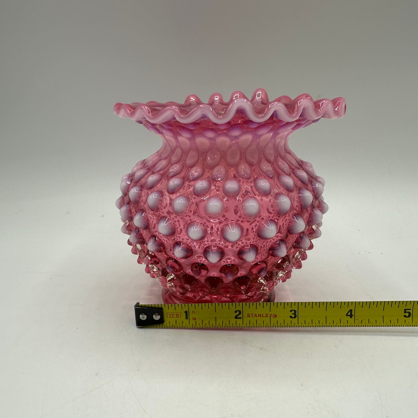 Fenton Cranberry Opalescent Hobnail Ruffled Vase, 4.25" Tall