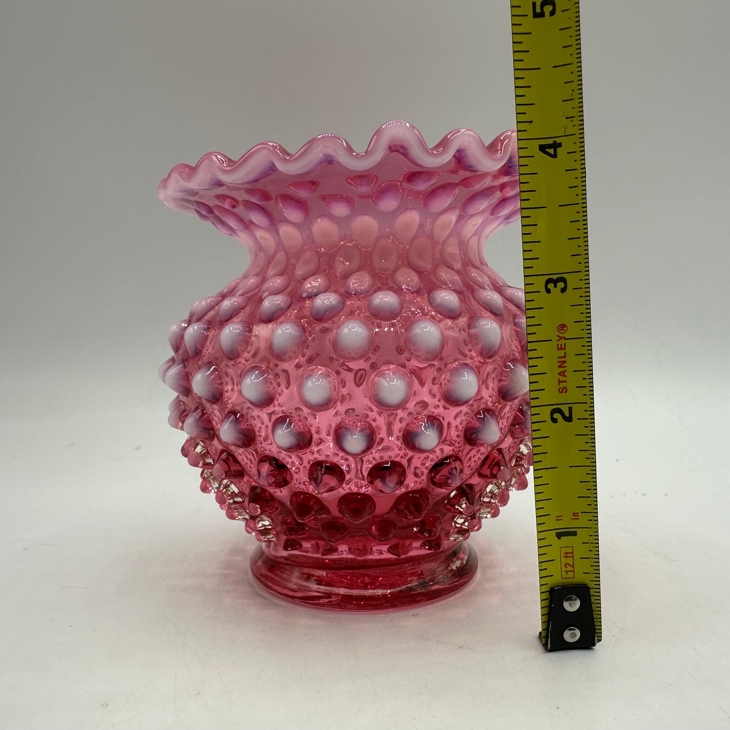 Fenton Cranberry Opalescent Hobnail Ruffled Vase, 4.25" Tall