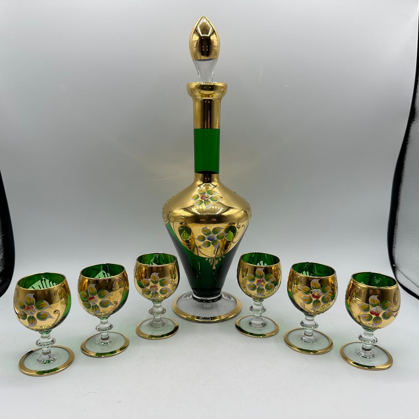 Bohemian Emerald Green Decanter Handpainted Floral Design, 6 Cordial Glasses