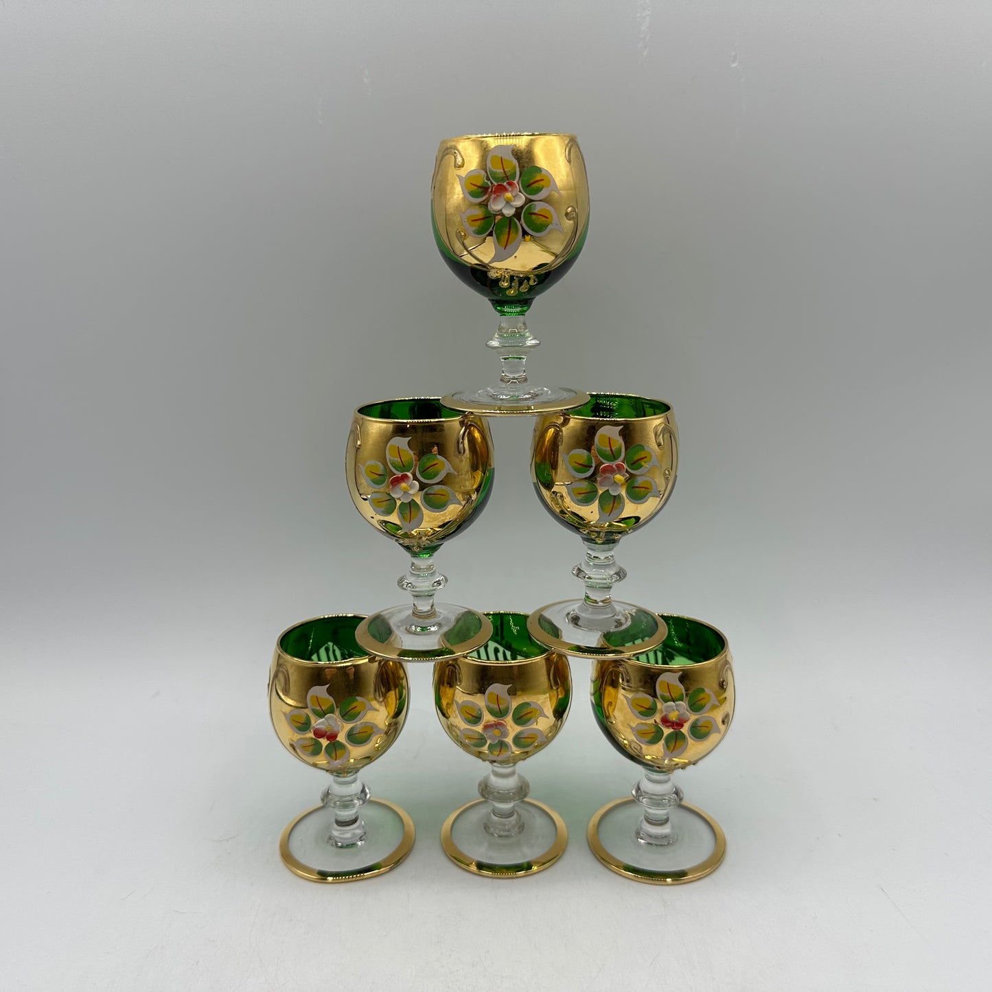 Bohemian Emerald Green Decanter Handpainted Floral Design, 6 Cordial Glasses