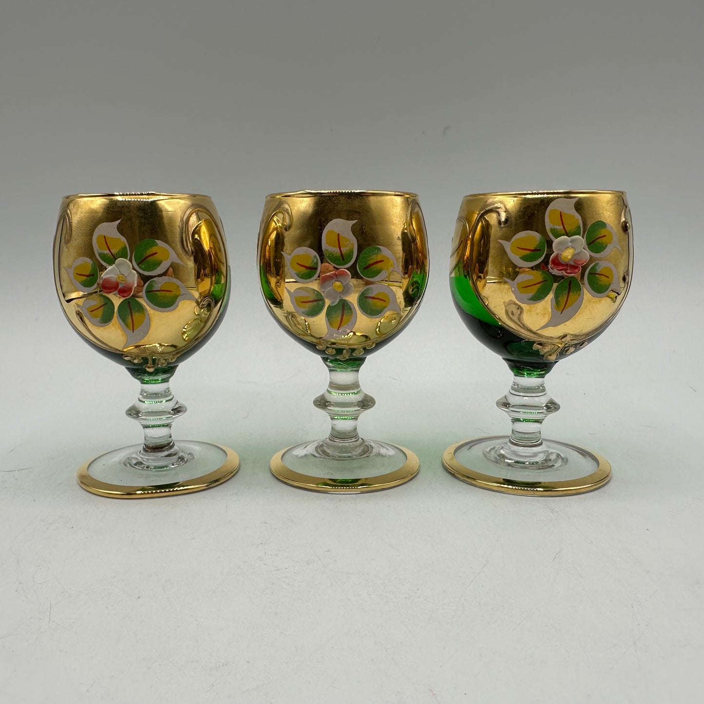 Bohemian Emerald Green Decanter Handpainted Floral Design, 6 Cordial Glasses