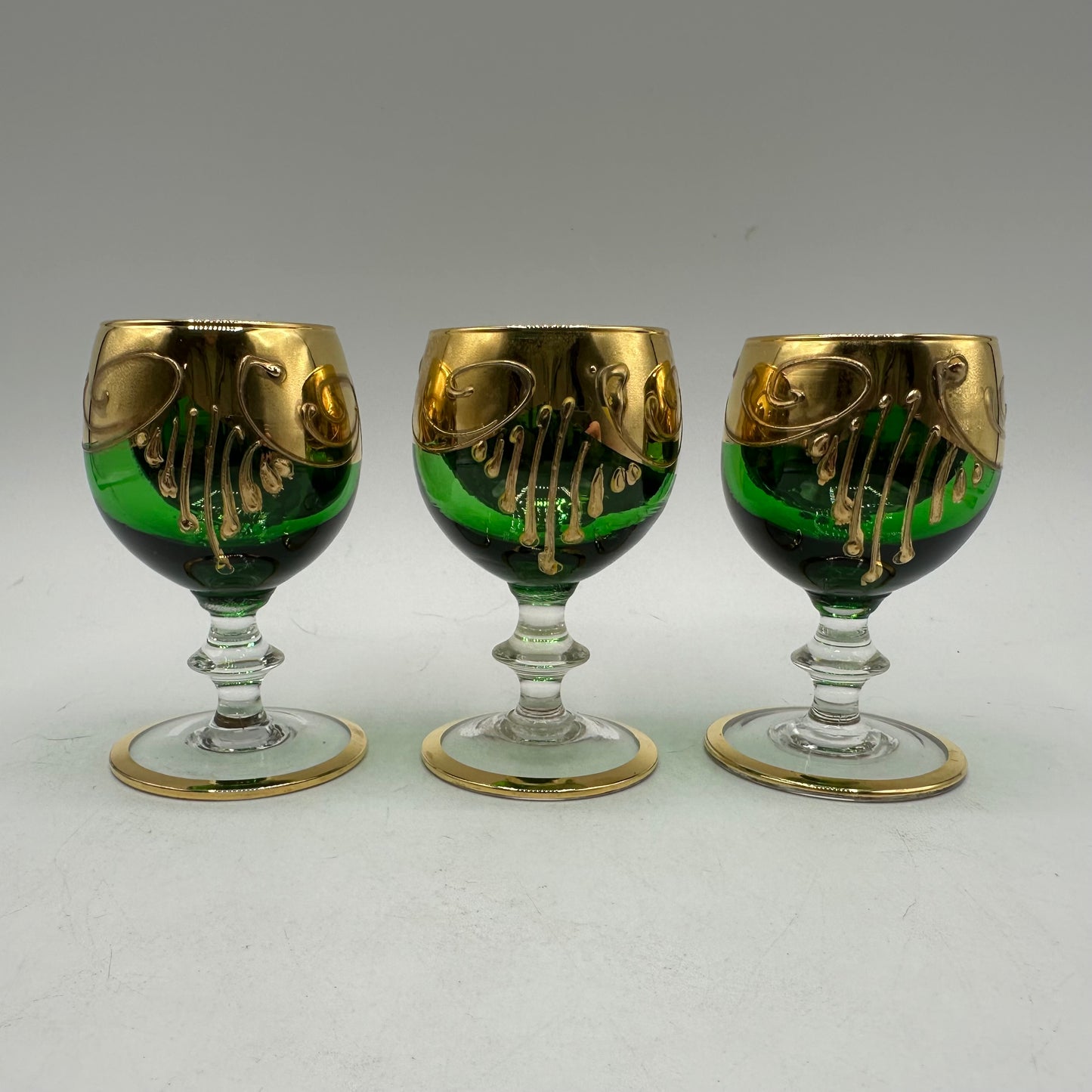 Bohemian Emerald Green Decanter Handpainted Floral Design, 6 Cordial Glasses