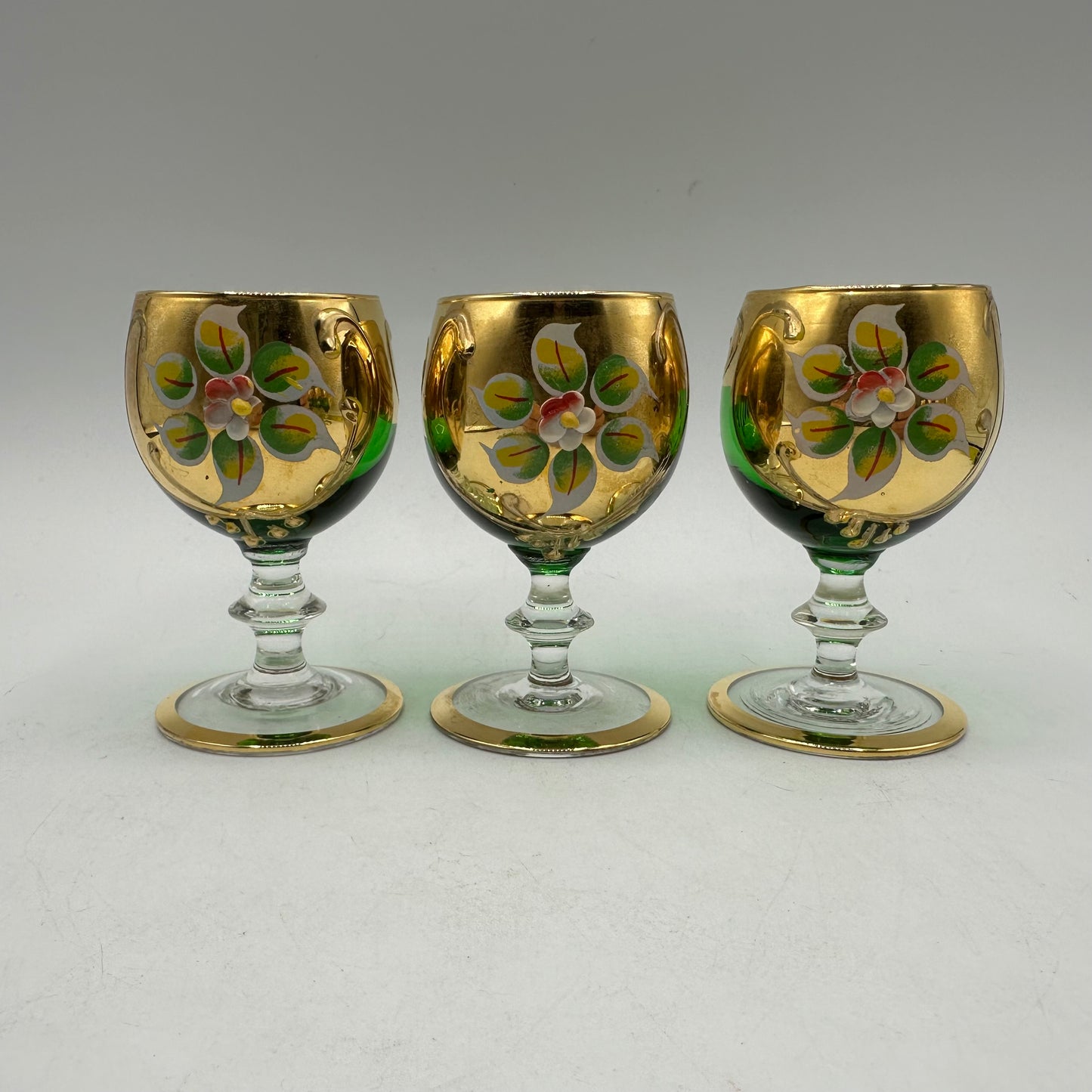 Bohemian Emerald Green Decanter Handpainted Floral Design, 6 Cordial Glasses