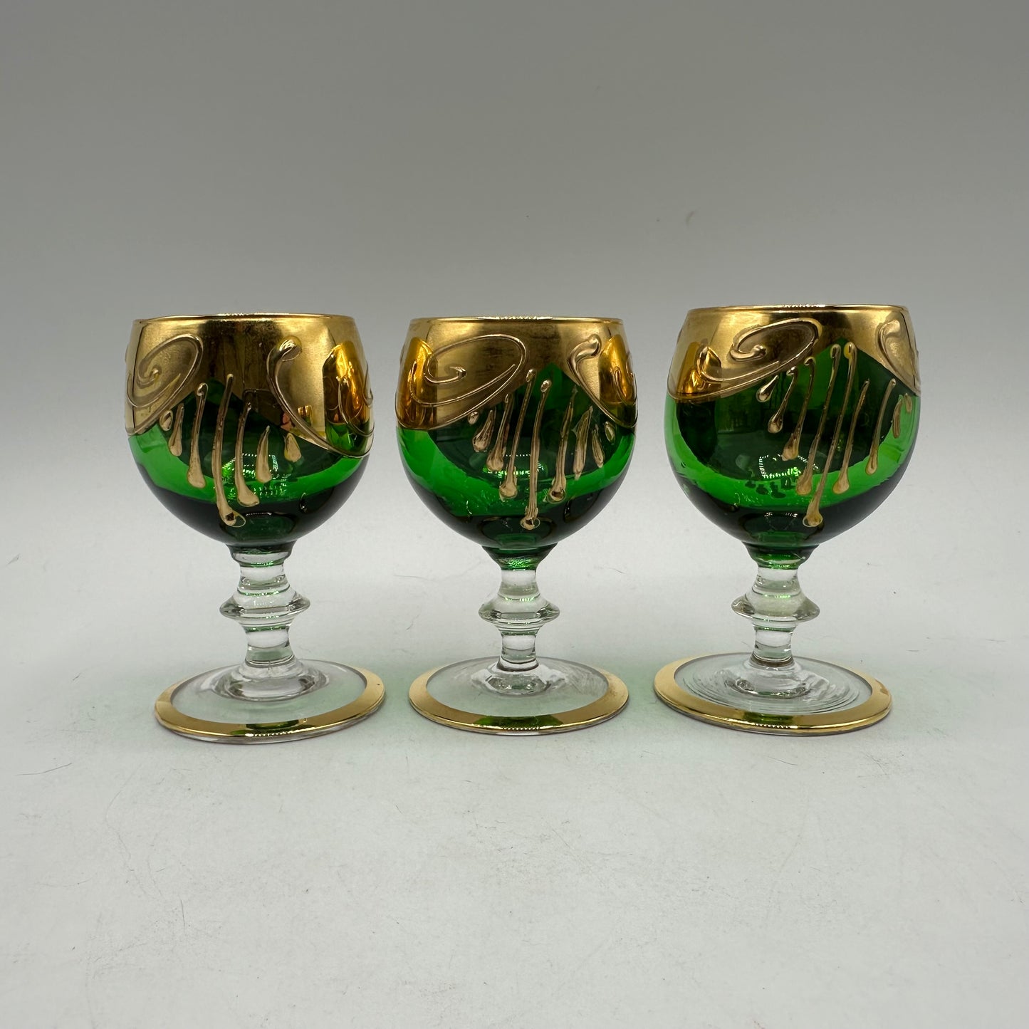 Bohemian Emerald Green Decanter Handpainted Floral Design, 6 Cordial Glasses