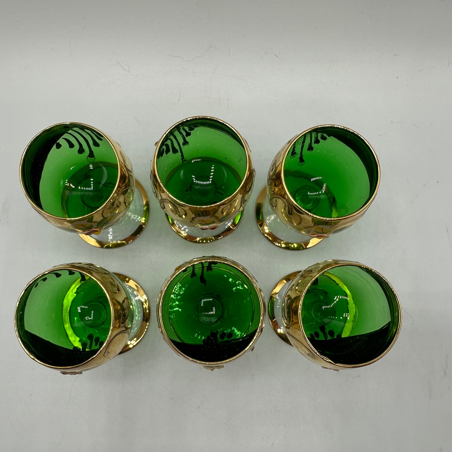 Bohemian Emerald Green Decanter Handpainted Floral Design, 6 Cordial Glasses