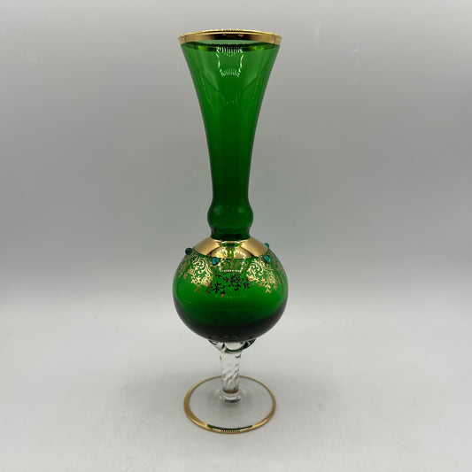 Emerald Green Bud Vase With Gold and Beaded Accents, Bohemian Style