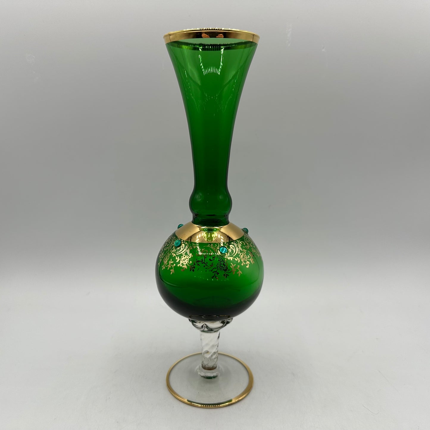Emerald Green Bud Vase With Gold and Beaded Accents, Bohemian Style