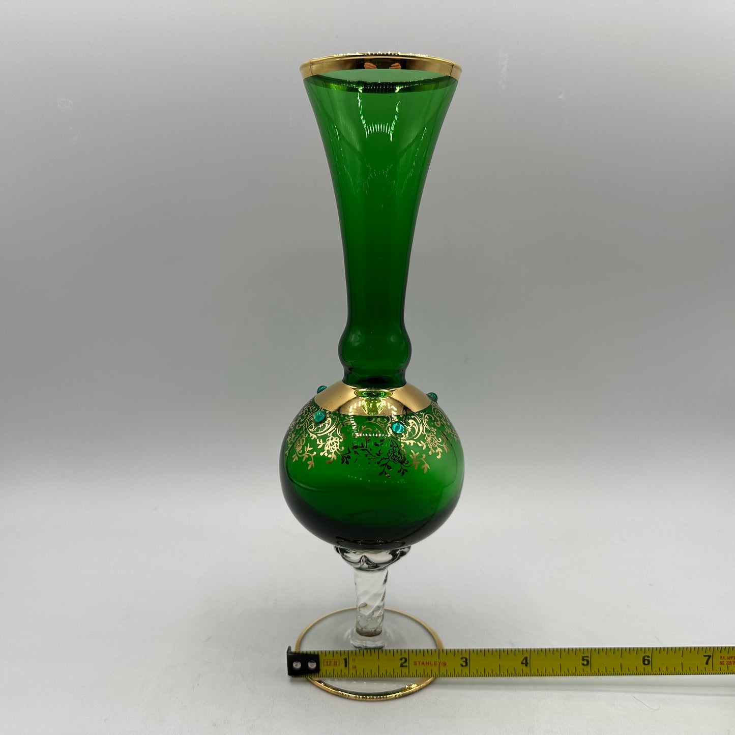 Emerald Green Bud Vase With Gold and Beaded Accents, Bohemian Style