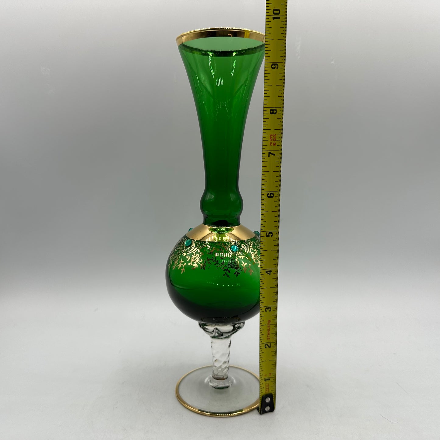Emerald Green Bud Vase With Gold and Beaded Accents, Bohemian Style
