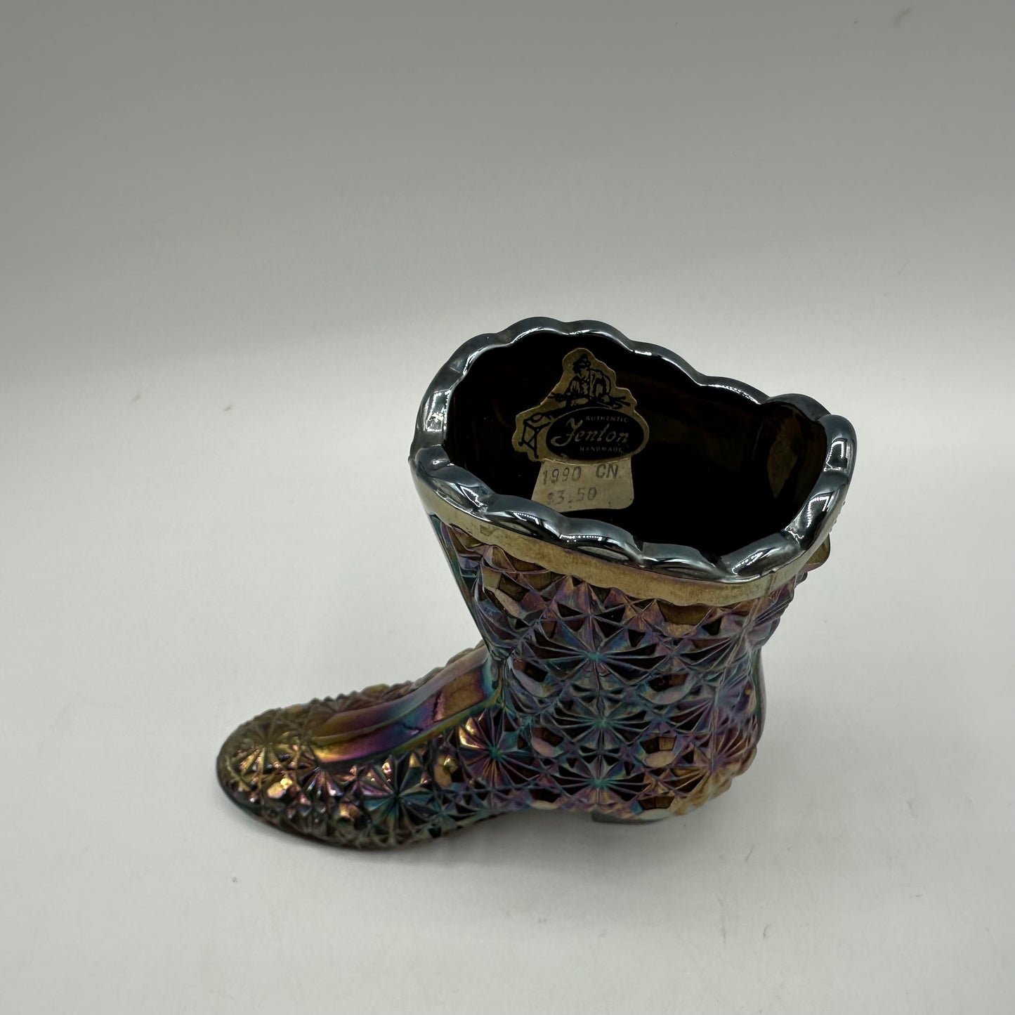 Fenton Iridescent Carnival Boot, Daisy & Button Pattern