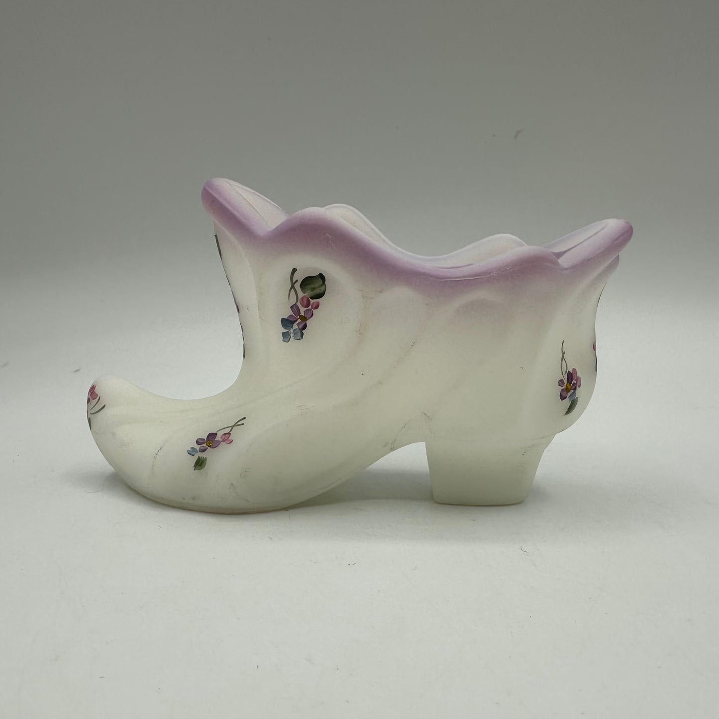 Fenton Satin Slipper Hand Painted Purple Flowers