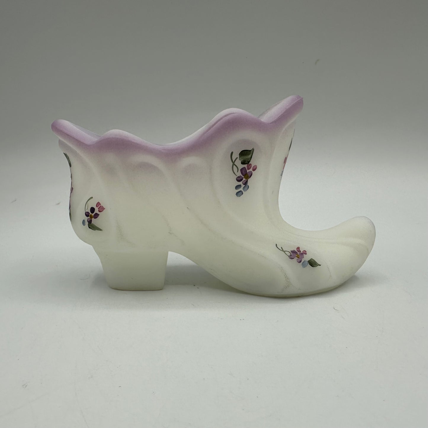 Fenton Satin Slipper Hand Painted Purple Flowers