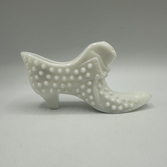 Fenton Milk Glass Hobnail Cat Shoe, Red Sticker