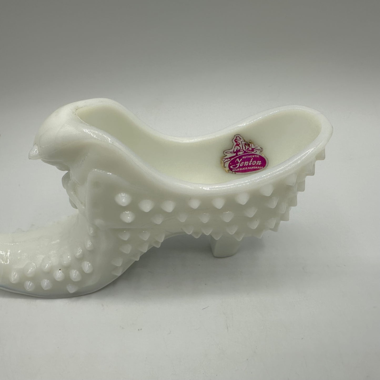 Fenton Milk Glass Hobnail Cat Shoe, Red Sticker