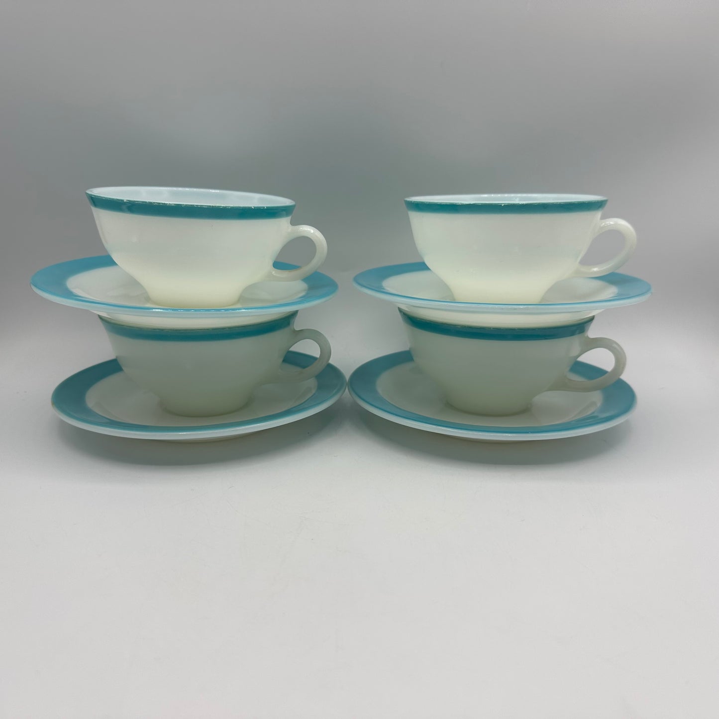 Pyrex Cups and Saucers, Milk Glass with Aqua Trim, Set of 4
