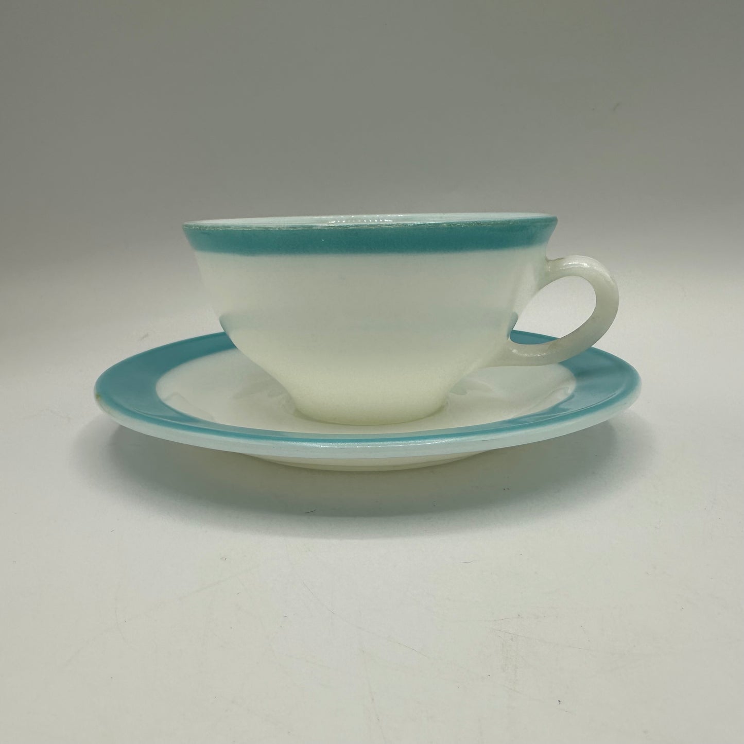 Pyrex Cups and Saucers, Milk Glass with Aqua Trim, Set of 4