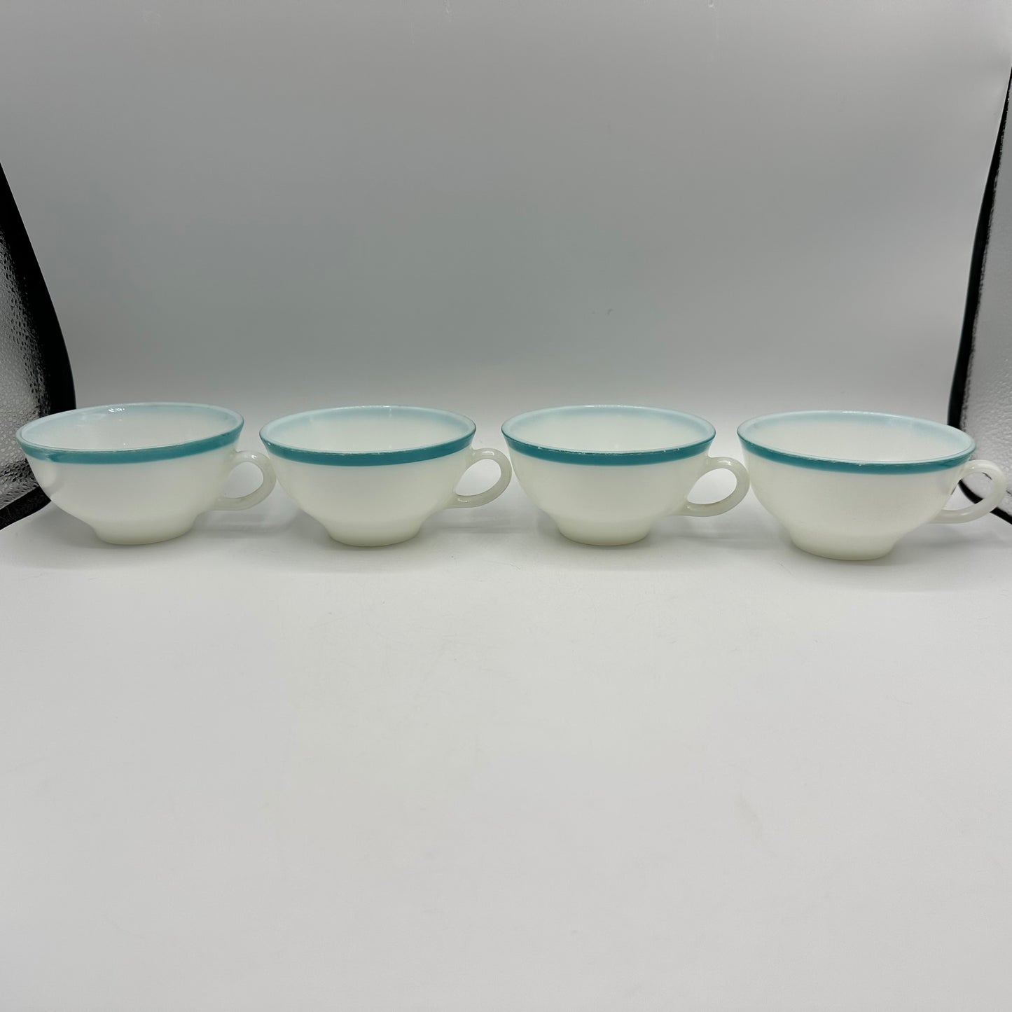 Pyrex Cups and Saucers, Milk Glass with Aqua Trim, Set of 4