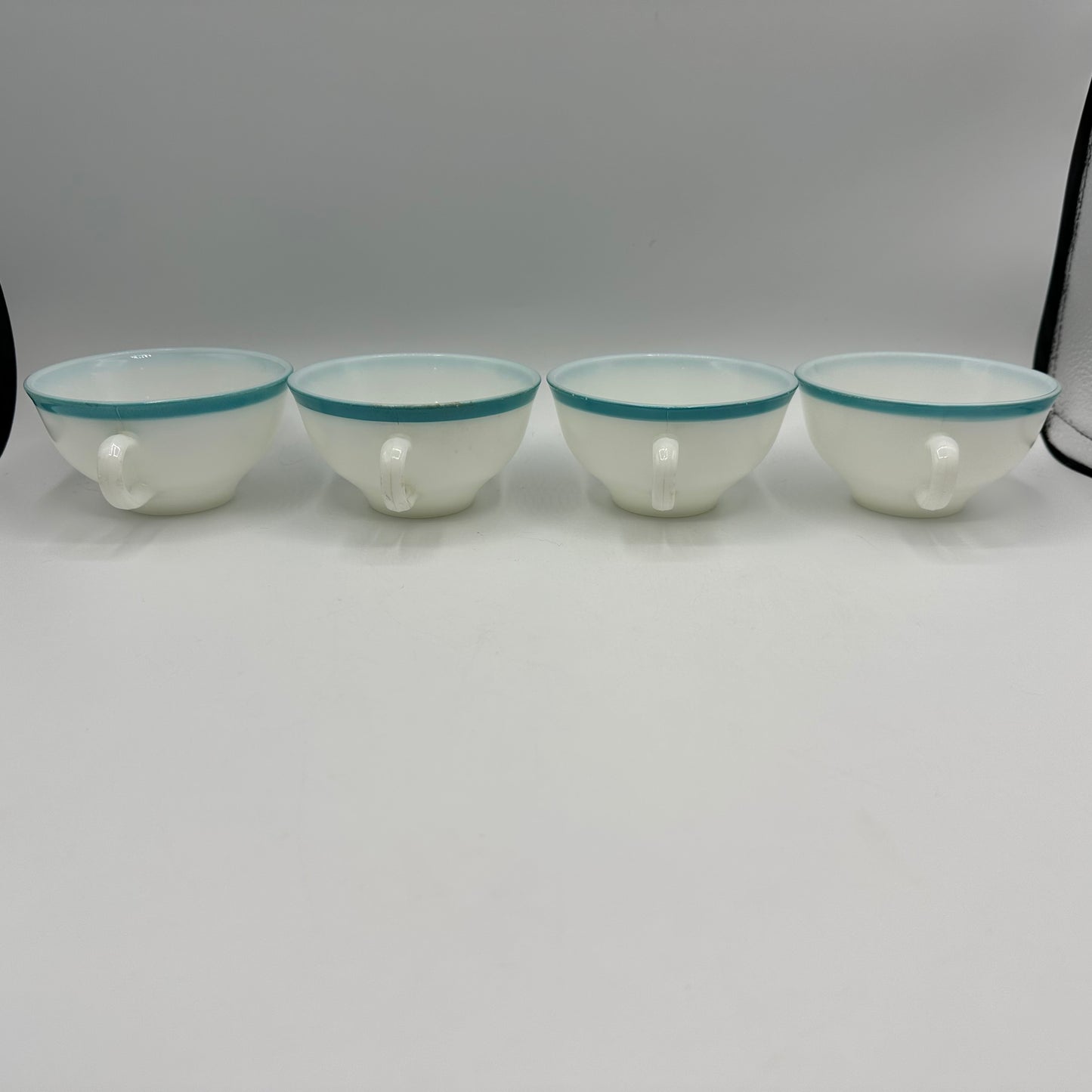 Pyrex Cups and Saucers, Milk Glass with Aqua Trim, Set of 4