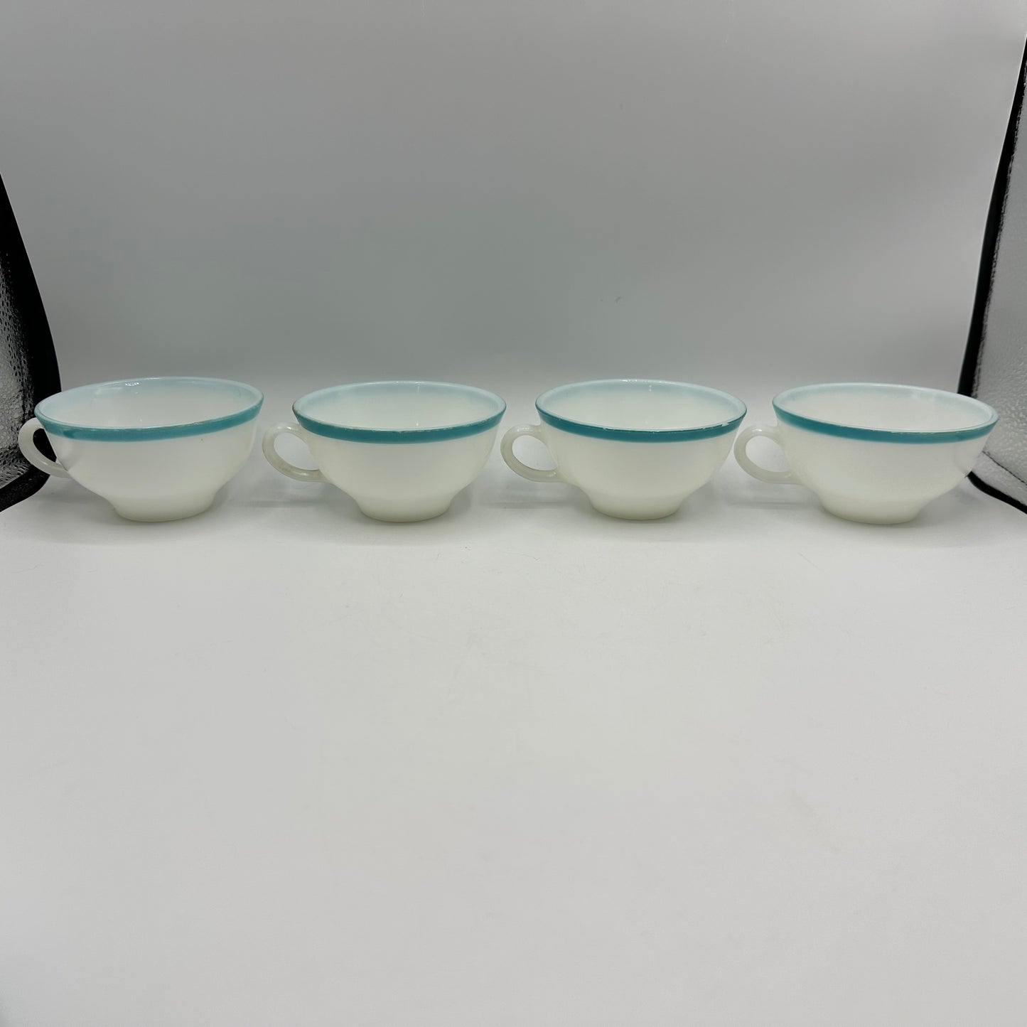 Pyrex Cups and Saucers, Milk Glass with Aqua Trim, Set of 4