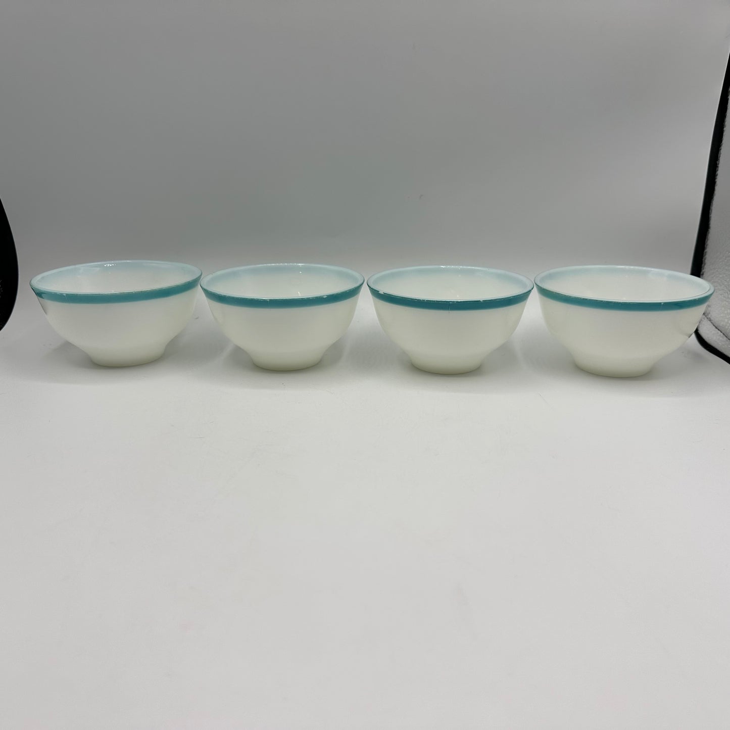 Pyrex Cups and Saucers, Milk Glass with Aqua Trim, Set of 4