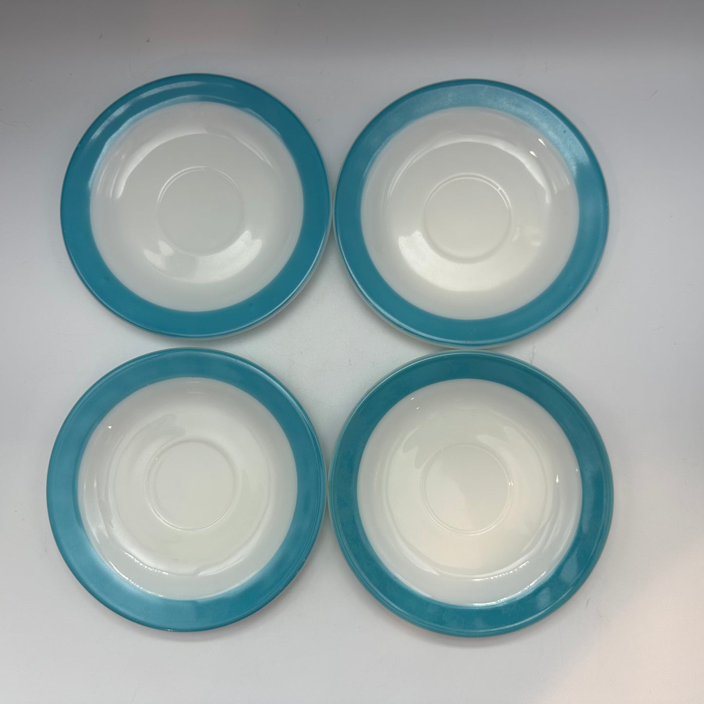 Pyrex Cups and Saucers, Milk Glass with Aqua Trim, Set of 4