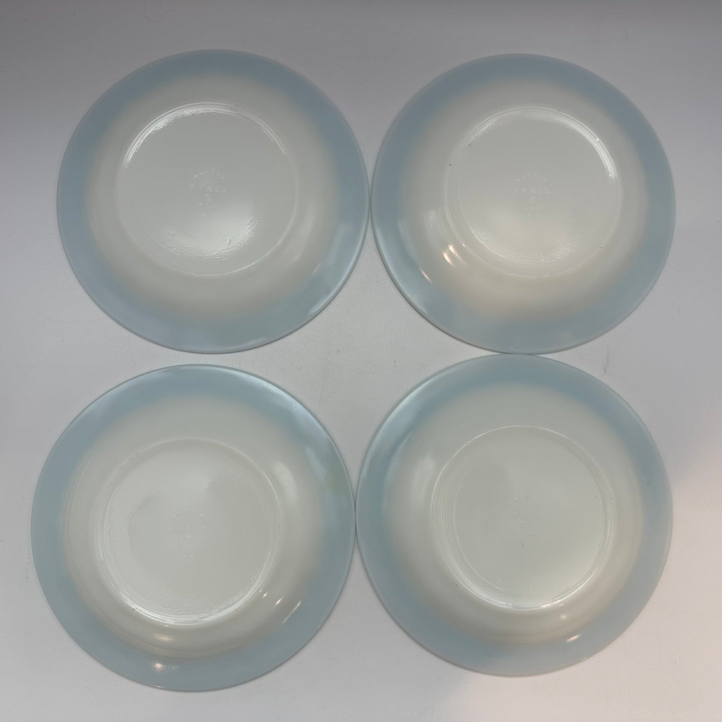 Pyrex Cups and Saucers, Milk Glass with Aqua Trim, Set of 4
