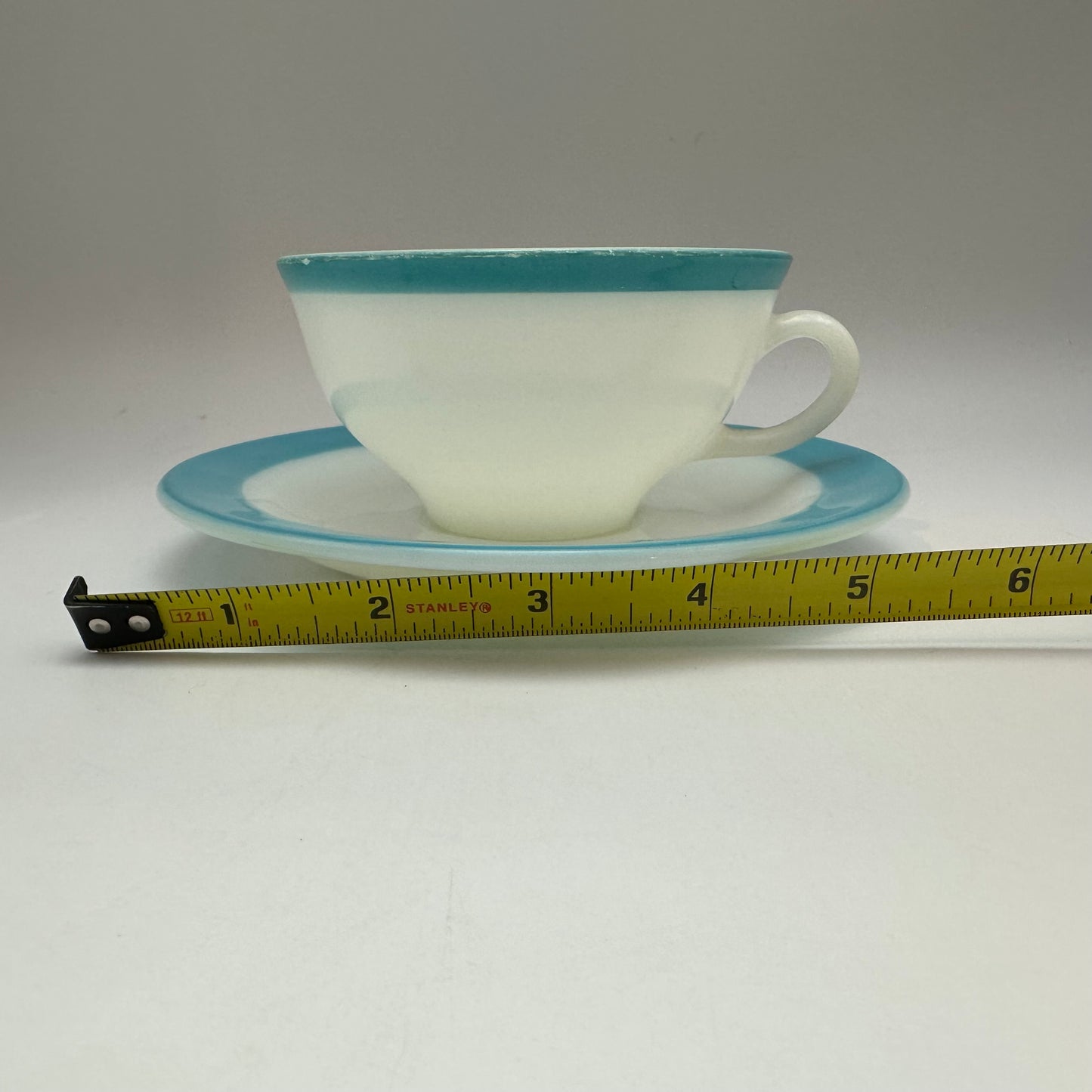 Pyrex Cups and Saucers, Milk Glass with Aqua Trim, Set of 4