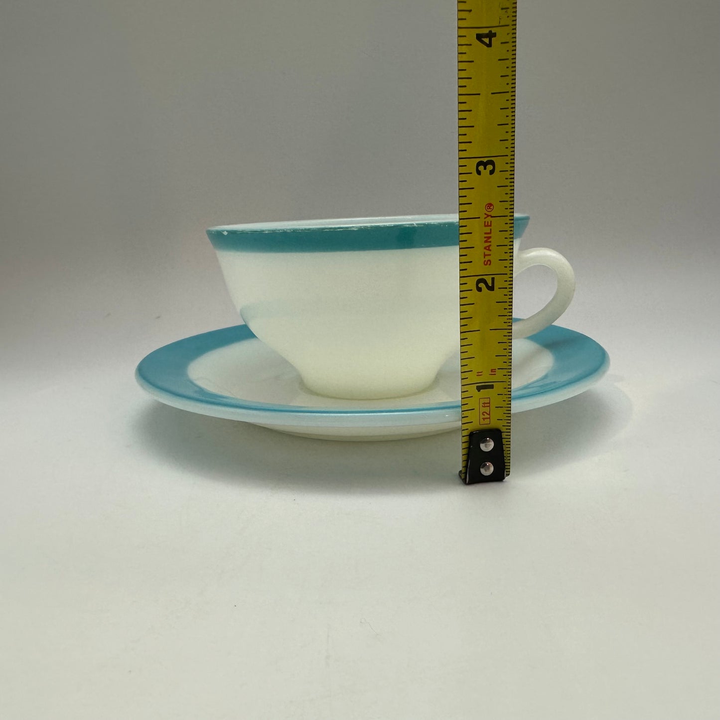 Pyrex Cups and Saucers, Milk Glass with Aqua Trim, Set of 4