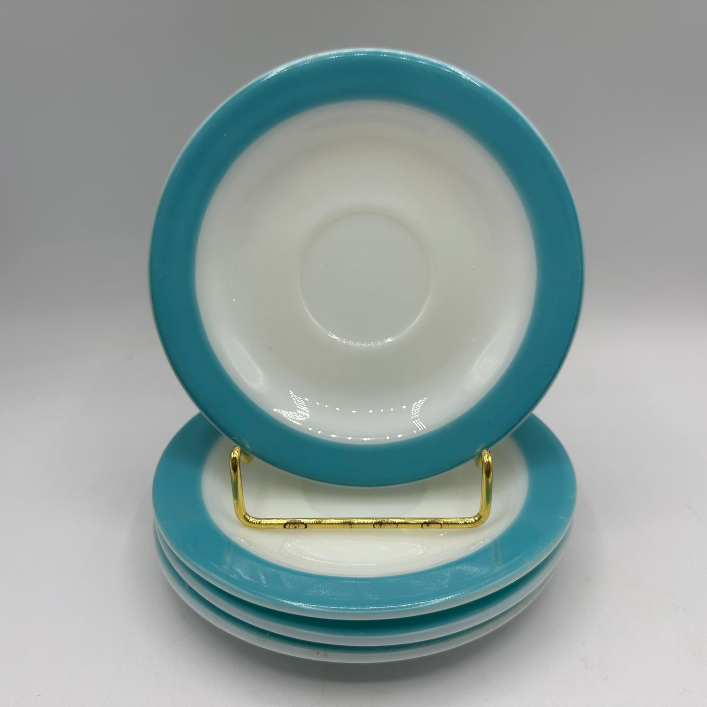 Pyrex Saucers, Milk Glass with Aqua Trim, Set of 4