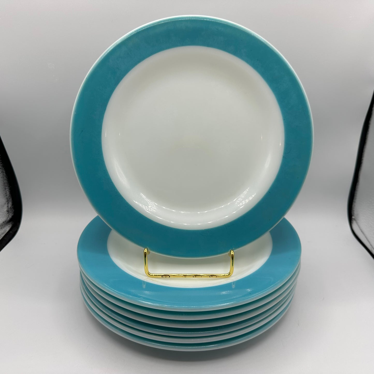 Pyrex Milk Glass Plates, With Aqua Trim,  10", Set of 7