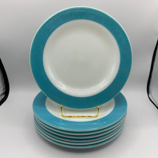 Pyrex Milk Glass Plates, With Aqua Trim,  10", Set of 7