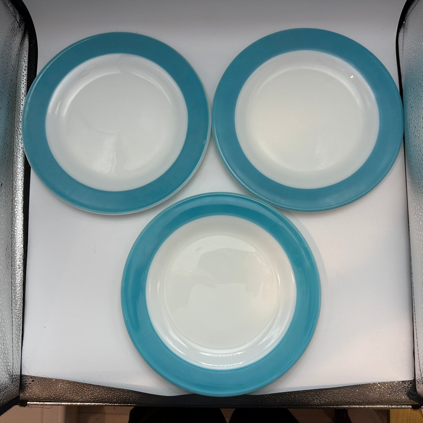 Pyrex Milk Glass Plates, With Aqua Trim,  10", Set of 7