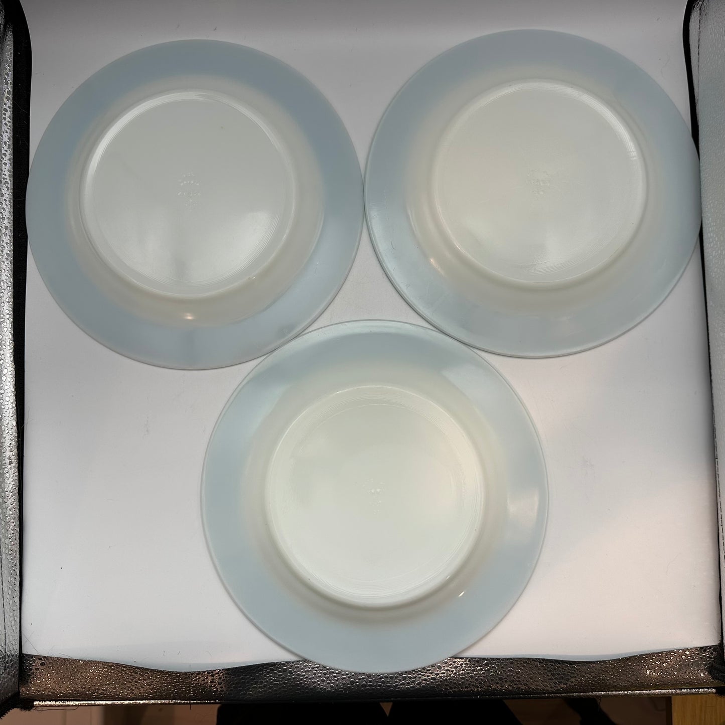 Pyrex Milk Glass Plates, With Aqua Trim,  10", Set of 7