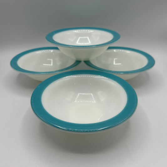 Pyrex Milk Glass Bowls, With Aqua Trim,  6.25", Set of 4
