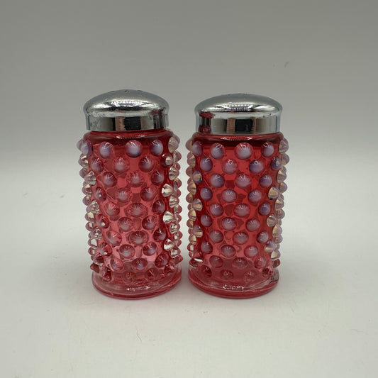 Fenton Cranberry Opalescent Hobnail Salt and Pepper Shaker