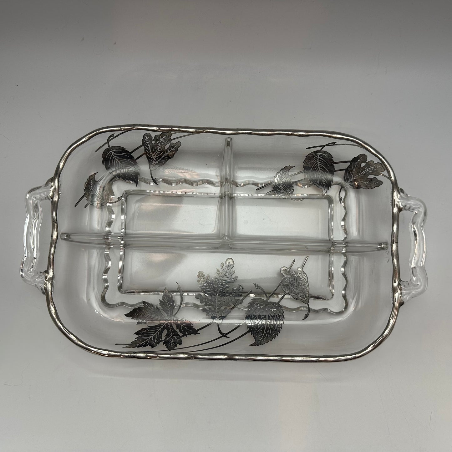 Silver City Glass Co Divided Dish, Handled With Leaf Design