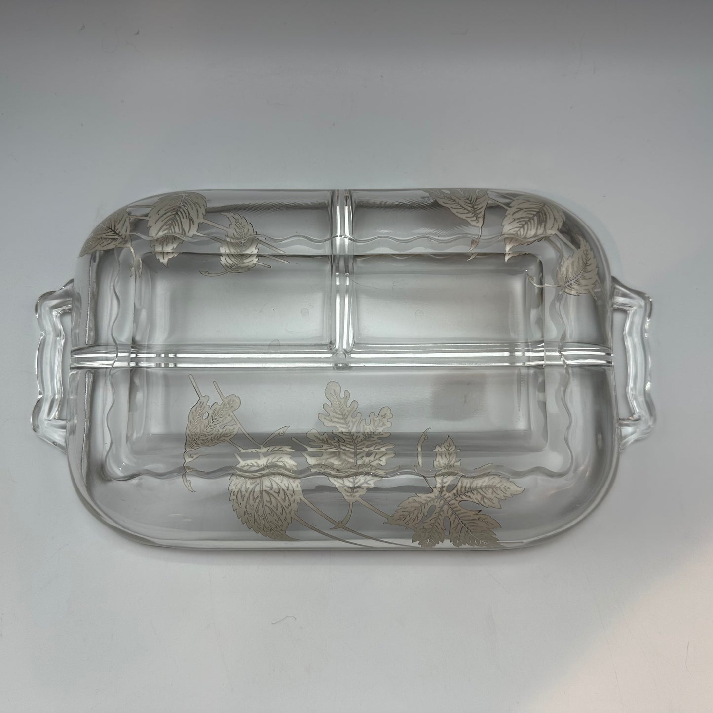 Silver City Glass Co Divided Dish, Handled With Leaf Design