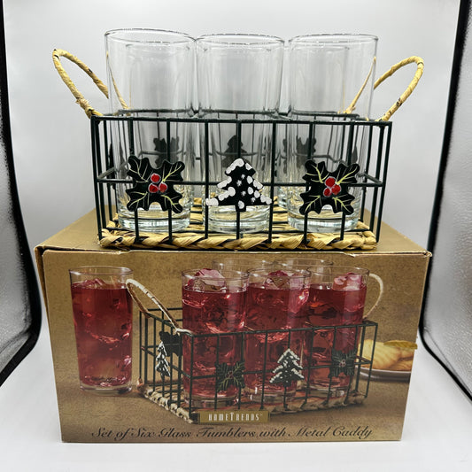 Hometrends Set of Six Glass Tumblers with Metal Caddy
