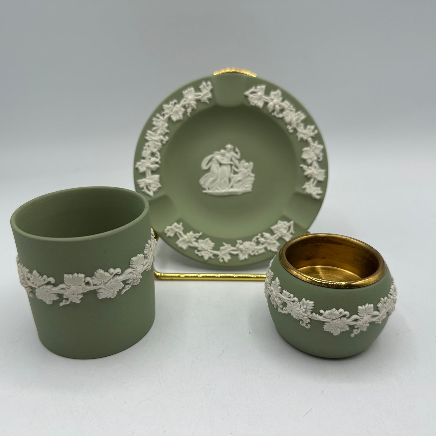 Wedgwood Green Jasperware Cigarette Set-Ashtray, Lighter Base & Cigarette Holder