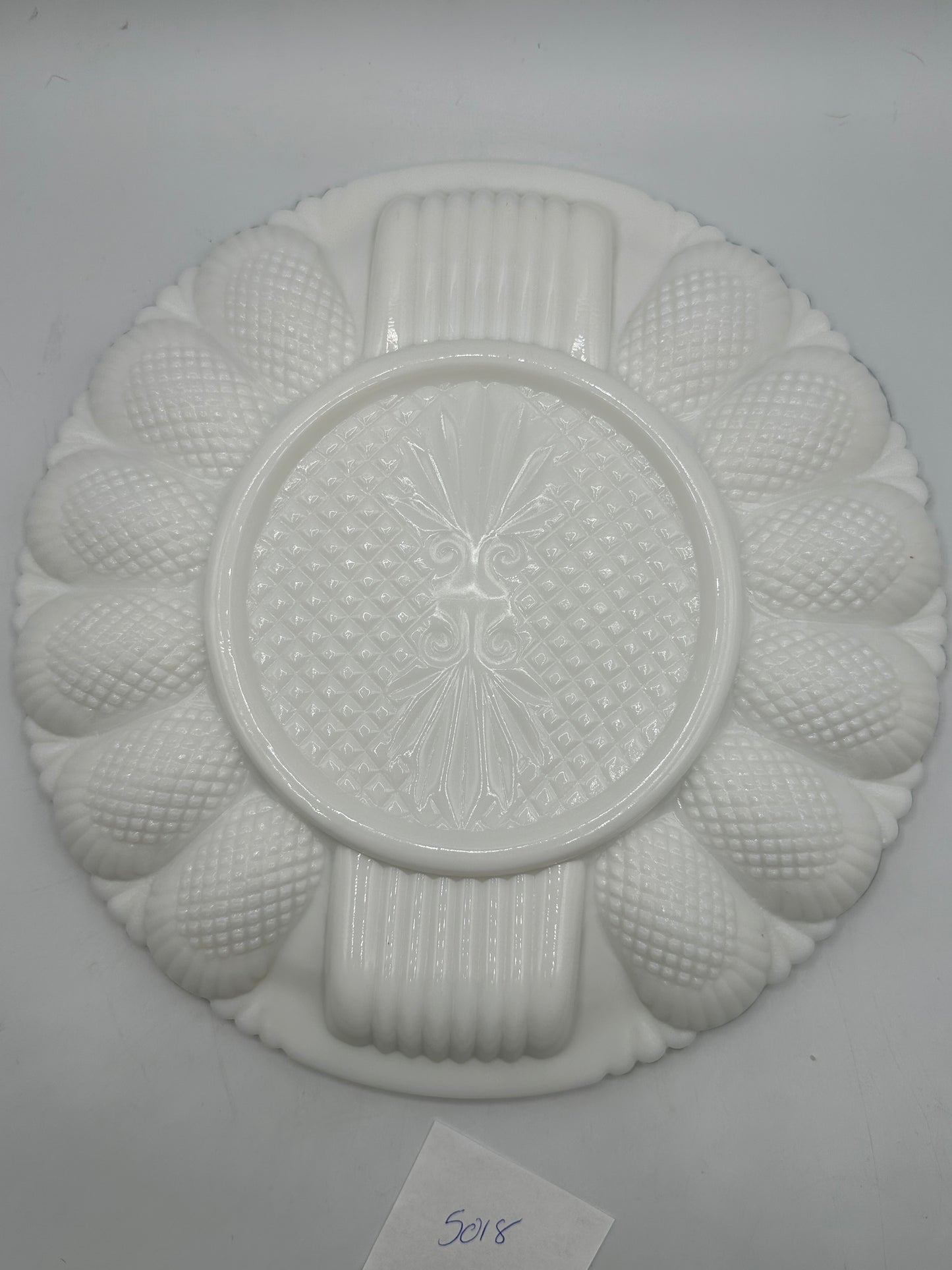 LE Smith White Deviled Egg & Relish Platter, Milk Glass, Pineapple Design